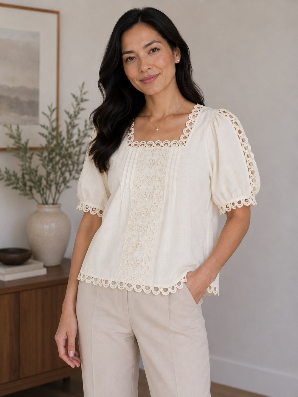 Notations Cream Square Neck Lace Trim Blouse